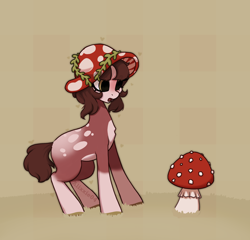 Size: 1950x1870 | Tagged: safe, artist:_alixxie_, derpibooru import, earth pony, pony, female, hat, mare, mushroom, mushroom hat, simple background, solo, toadstool