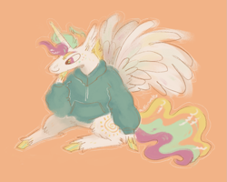 Size: 1075x860 | Tagged: safe, artist:msponies, derpibooru import, princess celestia, alicorn, pony, clothes, facial hair, goatee, hoodie, male, orange background, simple background, solo, spread wings, trans male, transgender, wings