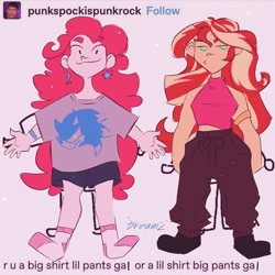 Size: 1440x1440 | Tagged: safe, artist:dreamz, derpibooru import, pinkie pie, sunset shimmer, human, clothes, duo, humanized, pants, redraw, shirt, short shirt, shorts, sweatpants, t-shirt