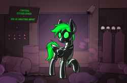 Size: 2469x1625 | Tagged: safe, artist:moonatik, derpibooru import, oc, oc only, oc:bytewave, pegasus, pony, barrel, camera, clothes, collar, commission, gas, gas mask, gas tank, laboratory, latex, latex socks, latex suit, male, mask, monitor, pegasus oc, rubber drone, screen, socks, solo, stallion