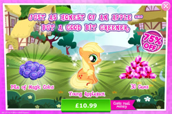 Size: 1961x1301 | Tagged: safe, derpibooru import, applejack, earth pony, pony, advertisement, costs real money, english, female, filly, filly applejack, foal, freckles, gameloft, gem, magic coins, mare, mobile game, my little pony: magic princess, numbers, sale, solo, text, younger, £