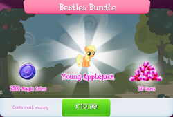 Size: 1268x860 | Tagged: safe, derpibooru import, applejack, earth pony, pony, bundle, costs real money, english, female, filly, filly applejack, foal, freckles, gameloft, gem, magic coins, mare, mobile game, my little pony: magic princess, numbers, sale, solo, text, younger, £
