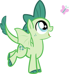 Size: 1477x1570 | Tagged: safe, artist:mishti14, derpibooru import, oc, oc only, oc:turquoise blitz, butterfly, dracony, hybrid, colt, foal, interspecies offspring, kilalaverse, looking up, male, offspring, open mouth, open smile, parent:rarity, parent:spike, parents:sparity, simple background, smiling, solo, transparent background