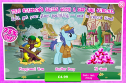 Size: 1958x1297 | Tagged: safe, derpibooru import, earth pony, pony, advertisement, bush, clothes, costs real money, deep clean, english, gameloft, gem, hat, mobile game, my little pony: magic princess, numbers, sale, slide, solo, text, tree