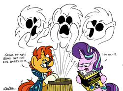 Size: 2384x1758 | Tagged: safe, artist:bobthedalek, derpibooru import, starlight glimmer, sunburst, twilight sparkle, ghost, ghost pony, pony, undead, unicorn, atg 2023, barrel, blaze (coat marking), book, cloak, clothes, coat markings, facial markings, female, for dummies, glasses, male, mare, newbie artist training grounds, open mouth, reading, simple background, socks (coat marking), spirit, stallion, starlight glimmer is not amused, sunburst is not amused, sunburst's cloak, sunburst's glasses, this ended in haunting, this will end in exorcism, unamused, white background