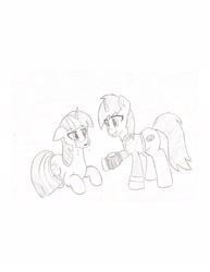 Size: 1275x1650 | Tagged: safe, artist:artevi, derpibooru import, twilight sparkle, oc, oc:littlepip, pony, unicorn, fallout equestria, crying, pencil drawing, pipbuck, smiling, traditional art