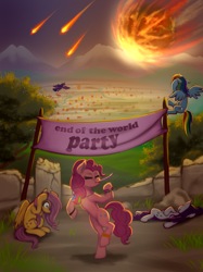 Size: 1280x1707 | Tagged: safe, artist:zetamad, derpibooru import, fluttershy, pinkie pie, rainbow dash, rarity, twilight sparkle, twilight sparkle (alicorn), alicorn, earth pony, pegasus, pony, unicorn, asteroid, atg 2023, banner, end of the world, family guy death pose, female, flying, holding head, imminent death, leg band, lying down, mare, meteor, moments before disaster, newbie artist training grounds, one of these things is not like the others, party, party horn, scared, spread wings, this will end in death, wings, xk-class end-of-the-world scenario
