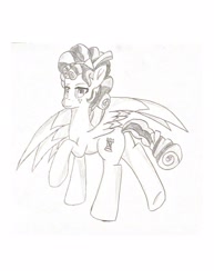 Size: 1275x1650 | Tagged: safe, artist:artevi, derpibooru import, cozy glow, pegasus, pony, female, looking at you, mare, older, pencil drawing, spread wings, traditional art, wings