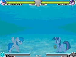 Size: 1080x809 | Tagged: safe, derpibooru import, firefly, rainbow dash, twilight sparkle, pegasus, pony, unicorn, fighting is magic, g1, bipedal, book, duo, fan game, female, game, levitation, magic, mare, palette swap, recolor, telekinesis, underwater, water