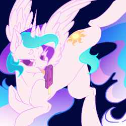 Size: 2000x2000 | Tagged: safe, artist:dankpegasista, derpibooru exclusive, derpibooru import, princess celestia, alicorn, pony, butt, colored, colored eyelashes, colored lineart, colored pupils, ear fluff, ears, ethereal mane, ethereal tail, eyebrows, eyelashes, feathered wings, female, flank, flat colors, food, high res, horn, ice cream, large wings, licking, long eyelashes, long hair, long horn, looking at you, lying down, mare, melting, mlem, popsicle, prone, raised leg, silly, simple background, smiling, smiling at you, solo, spread legs, spread wings, spreading, sternocleidomastoid, sunbutt, tail, teeth, tongue, tongue out, wings, wip