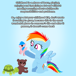 Size: 1400x1400 | Tagged: safe, artist:mlplary6, derpibooru import, firefly, rainbow dash, pegasus, pony, turtle, g1, childhood, female, filly, filly rainbow dash, foal, gradient background, playing, plushie, sitting, smiling, teddy bear, text, toy, younger