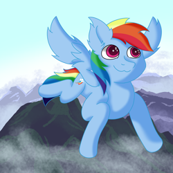 Size: 2048x2048 | Tagged: safe, artist:zugatti69, derpibooru import, rainbow dash, pegasus, pony, complex background, cutie mark, flying, shading, smiling, spread wings, wings