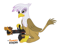 Size: 941x761 | Tagged: safe, artist:bloonacorn, derpibooru import, gilda, griffon, /mlp/ tf2 general, huo-long heater, minigun, simple background, team fortress 2, transparent background, weapon