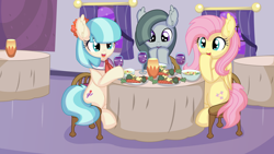 Size: 10448x5877 | Tagged: safe, artist:cyanlightning, derpibooru import, coco pommel, fluttershy, marble pie, earth pony, pegasus, pony, .svg available, absurd resolution, broccoli, canterlot, carrot, chair, drink, drinking, eating, female, food, glass, mare, open mouth, plate, restaurant, sitting, soup, table, the council of shy ponies, trio, trio female, vector, window