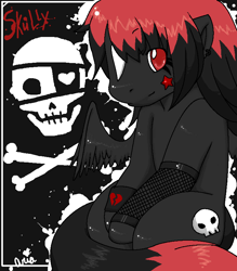 Size: 700x800 | Tagged: safe, artist:pollo-chan, derpibooru import, oc, oc only, oc:skully, pegasus, pony, g3, 2007, ear piercing, earring, female, fishnet clothing, jewelry, looking at you, mare, oekaki, piercing, red and black oc, solo, spread wings, star mark, stars, tail, wings, wristband