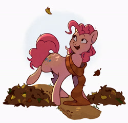 Size: 2048x1960 | Tagged: safe, artist:drjeksteinhj, derpibooru import, pinkie pie, earth pony, pony, clothes, female, leaf pile, leaves, mare, scarf, simple background, solo, striped scarf, white background