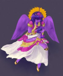 Size: 1691x2048 | Tagged: safe, artist:ombnom, derpibooru import, twilight sparkle, twilight sparkle (alicorn), alicorn, anthro, pony, big crown thingy, clothes, coronation dress, crying, dress, element of magic, female, holding a pony, jewelry, mare, regalia, solo, tiara, wings