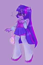 Size: 1297x1925 | Tagged: safe, artist:ombnom, derpibooru import, twilight sparkle, twilight sparkle (alicorn), alicorn, anthro, pony, clothes, female, glasses, simple background, smiling, smirk, socks, solo, thigh highs