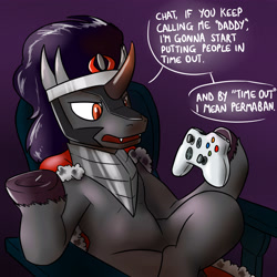 Size: 3500x3500 | Tagged: safe, artist:timsplosion, derpibooru import, king sombra, pony, unicorn, controller, crossed legs, dialogue, frog (hoof), high res, hoof hold, magnetic hooves, male, sitting, solo, speech bubble, stallion, underhoof, xbox 360 controller