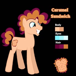 Size: 1500x1500 | Tagged: safe, artist:alona103z, derpibooru import, oc, oc only, oc:caramel sandwich, earth pony, pony, base used, black background, grin, male, offspring, parent:cheese sandwich, parent:pinkie pie, parents:cheesepie, simple background, smiling, solo, stallion