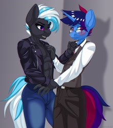 Size: 2650x3000 | Tagged: safe, artist:up1ter, derpibooru import, oc, oc:irregalia, oc:marquis majordome, anthro, earth pony, pony, unicorn, blushing, clothes, collar, domination, glasses, jacket, leather, leather jacket, open clothes, open shirt, shirt, suit