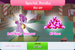 Size: 1267x858 | Tagged: safe, derpibooru import, pony, unicorn, bundle, costs real money, drum beet, drums, english, female, gameloft, gem, horn, mare, mobile game, musical instrument, my little pony: magic princess, numbers, sale, solo, text