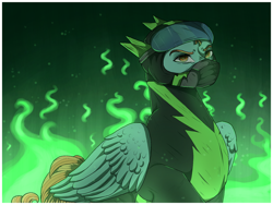 Size: 1280x960 | Tagged: safe, artist:binibean, derpibooru import, lightning dust, pegasus, pony, clothes, female, fire, green fire, helmet, looking at you, mare, solo, uniform, visor, washouts uniform