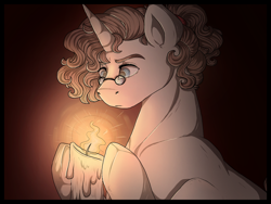 Size: 1280x960 | Tagged: safe, artist:binibean, derpibooru import, oc, oc only, oc:bini filters, pony, unicorn, black background, candle, looking at something, simple background, solo, spectacles