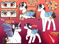 Size: 1280x960 | Tagged: safe, artist:binibean, derpibooru import, oc, oc only, oc:astro star, alicorn, hybrid, pony, crying, eye mist, gradient background, horns, interspecies offspring, male, mismatched wings, offspring, parent:discord, parent:princess celestia, parents:dislestia, reference sheet, slit eyes, solo, stallion, wings