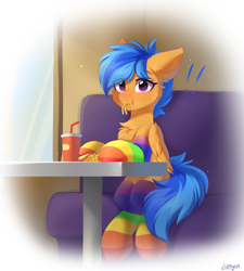 Size: 5400x6000 | Tagged: safe, artist:lunylin, derpibooru import, oc, oc only, oc:eclair winglain, pegasus, pony, blushing, chest fluff, clothes, cup, drink, ear fluff, ears, eating, exclamation point, fast food, female, food, french fries, looking at you, pegasus oc, rainbow socks, sitting, socks, solo, striped socks, table