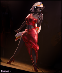 Size: 3291x3840 | Tagged: safe, artist:steamyart, derpibooru import, oc, oc only, oc:velvet remedy, anthro, unicorn, fallout equestria, 3d, clothes, dress, ears, floppy ears, glowing, glowing horn, high heels, horn, microphone, midriff, shoes, singing, solo