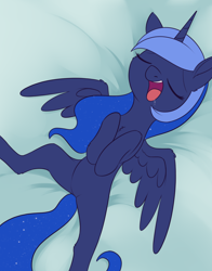 Size: 1620x2070 | Tagged: safe, artist:dusthiel, derpibooru import, princess luna, alicorn, pony, atg 2023, cute, drool, ethereal mane, ethereal tail, eyes closed, female, lunabetes, mare, newbie artist training grounds, open mouth, relaxing, sleeping, solo, tail