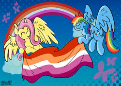Size: 1280x904 | Tagged: safe, artist:shiiiny, derpibooru import, fluttershy, rainbow dash, butterfly, pegasus, pony, cloud, duo, eyes closed, female, flag, flutterdash, flying, hoof hold, lesbian, lesbian pride flag, mare, mouthpiece, open mouth, open smile, pride, pride flag, pride month, rainbow, shipping, signature, sky, smiling, spread wings, wings