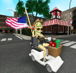 Size: 1122x1080 | Tagged: safe, artist:oatmeal!, derpibooru import, applejack, human, equestria girls, 3d, 4th of july, alcohol, american flag, applerack, beer, beer can, breasts, camouflage, chips, clothes, doritos, food, freedom, gmod, holiday, kfc, mobility scooter, murica, shorts, solo, sunglasses, tanktop, united states