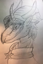 Size: 762x1141 | Tagged: safe, artist:schwarz, derpibooru import, oc, oc:schwarz, dragon, unicorn, dragonified, hat, simple background, sketch, species swap, traditional art, wizard hat