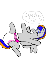 Size: 512x680 | Tagged: safe, artist:cavewolfphil, derpibooru import, oc, oc:thunder heart, pegasus, abdl, diaper, diaper fetish, fetish, legs in air, lying down, male, non-baby in diaper, simple background, smiling, speech bubble, stallion, white background