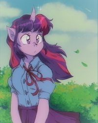 Size: 1080x1350 | Tagged: safe, artist:grapemunxher, derpibooru import, twilight sparkle, anthro, equestria girls, anime, anime style, female, retro, solo, style emulation