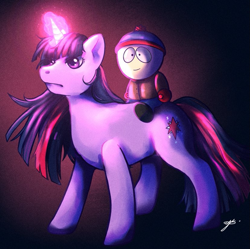 Size: 827x825 | Tagged: safe, artist:aquaviolin123, derpibooru import, twilight sparkle, unicorn twilight, human, pony, unicorn, crossover, duo, glowing, glowing horn, horn, magic, male, riding, riding a pony, south park, stan marsh