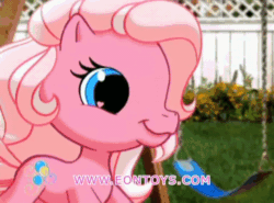 Size: 600x443 | Tagged: safe, derpibooru import, pinkie pie (g3), earth pony, human, pony, g3.5, animated, backyard, child, commercial, duo, duo female, eon toys, female, fence, frame by frame, gif, irl, irl human, mare, official, photo, plane, rainbow, swing, target demographic, tree