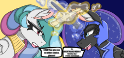 Size: 5000x2357 | Tagged: safe, artist:cuddlelamb, derpibooru import, nightmare moon, princess celestia, princess luna, alicorn, pony, crossed horns, dialogue, fight, glowing, glowing horn, horn, horns are touching, magic, speech bubble