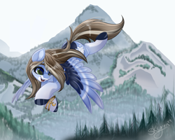 Size: 2500x2000 | Tagged: safe, artist:skyboundsiren, derpibooru import, oc, oc only, oc:winter breeze, pegasus, pony, artfight, bracelet, female, jewelry, mare, mountain, scenery, smiling, solo