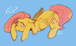 Size: 2048x1242 | Tagged: safe, artist:bertymchale, derpibooru import, fluttershy, pegasus, pony, ..., blue background, folded wings, lying down, simple background, solo, wings