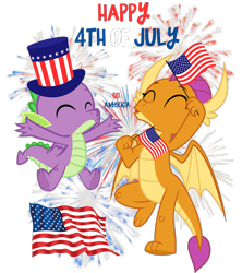 Size: 1163x1309 | Tagged: safe, artist:ponygamer2020, derpibooru import, smolder, spike, dragon, 4th of july, american flag, american independence day, cheering, cute, dragoness, duo, eyes closed, female, fireworks, hat, holiday, independence day, male, simple background, smolderbetes, spikabetes, top hat, transparent background, uncle sam, united states, vector, winged spike, wings, woohoo