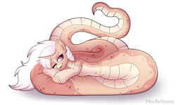 Size: 5000x3000 | Tagged: safe, artist:madelinne, derpibooru import, oc, oc only, lamia, original species, ear piercing, jewelry, looking at you, lying down, piercing, simple background, sleepy, smiling, solo, white background