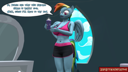 Size: 1920x1080 | Tagged: safe, artist:zapattackinflation, derpibooru import, rainbow dash, anthro, pegasus, pony, series:rainbow dash and the grimace shake catastrophe, 3d, belly button, breasts, cleavage, clothes, confused, drink, grimace shake, mcdonald's, meme, midriff, milkshake, photo, rainboob dash, rainbow dash's bedroom, rainbow dash's house, shorts, source filmmaker, speech bubble, sports bra, sports shorts, text, watermark