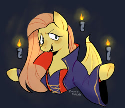 Size: 611x530 | Tagged: safe, artist:bertymchale, derpibooru import, fluttershy, pegasus, pony, undead, vampire, blue background, candle, fangs, simple background, solo, vampire costume