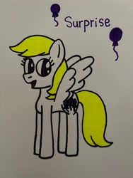 Size: 3024x4032 | Tagged: safe, artist:skylarkdrawing68, derpibooru import, surprise, pegasus, pony, g1, g4, adoraprise, balloon, cute, female, g1 to g4, generation leap, mare, open mouth, open smile, simple background, smiling, solo, traditional art, white background