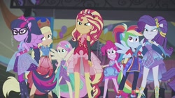 Size: 1280x720 | Tagged: safe, derpibooru import, screencap, applejack, fluttershy, pinkie pie, rainbow dash, rarity, sci-twi, sunset shimmer, twilight sparkle, better together, cheer you on, equestria girls, alternate hairstyle, bare shoulders, boots, clothes, cowboy hat, female, frills, glasses, grin, halterneck, hat, humane five, humane seven, humane six, jewelry, knee-high boots, leggings, long shirt, pants, regalia, shirt, shoes, sleeveless, sleeveless shirt, smiling, spiked headband, stetson, wings