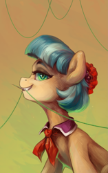 Size: 1227x1956 | Tagged: safe, artist:jewellier, derpibooru import, coco pommel, queen chrysalis, earth pony, pony, bust, disguise, disguised changeling, fangs, female, implied queen chrysalis, lidded eyes, looking at you, mare, mouth hold, needle, portrait, simple background, smiling, solo, thread