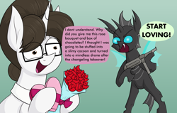 Size: 2508x1596 | Tagged: safe, alternate version, artist:moonatik, derpibooru import, raven, changeling, pony, unicorn, abstract background, angry, bouquet, box of chocolates, changeling domination, confused, dialogue, duo, female, flower, glasses, gradient background, gun, hair bun, heart, male, mare, meme, mp 40, ponified, ponified meme, rose, speech bubble, submachinegun, weapon, wings